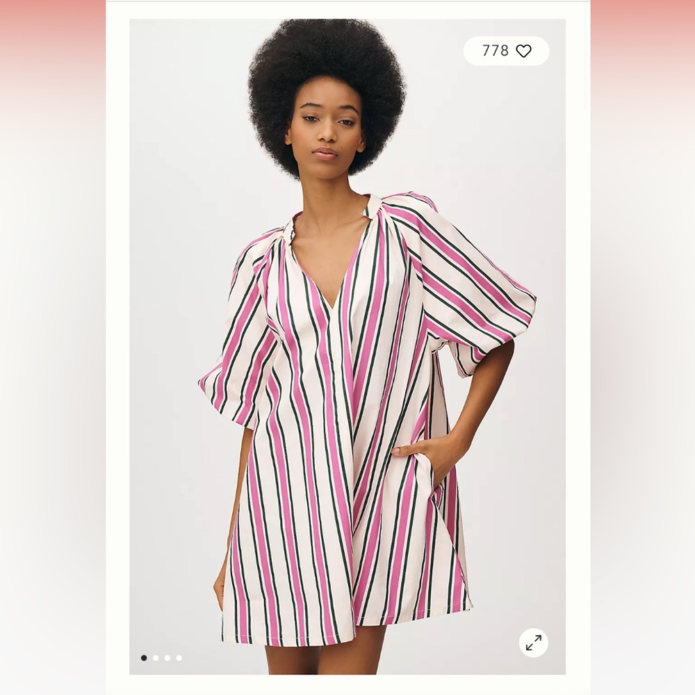 NWT Bel Kazan Puff-Sleeve Striped Mini Kaftan
